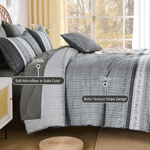 Dintszyayue Grey King Comforter Size Set, 8 Pieces Striped Texture Bed in a Bag Bedding Sets, Lightweight Soft Comforter and Sheet Set, All Season Microfiber Teen Boys Bedding Sets for Men Women