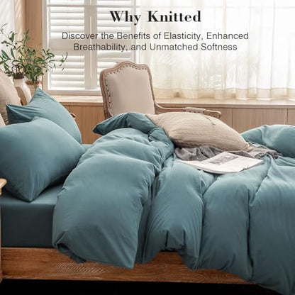 PURE ERA Jersey Knit Duvet Cover Set Solid Cerulean Blue California King