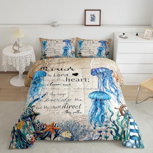 Homewish Jellyfish Comforter Set Full Size,Nautical Anchor Lighthouse Bedding Set 3Pcs for Kids Girls Boys Teens Room Decor,Ocean Animals Quilt Set Vintage Bible Quotes Duvet Insert,2 Pillowcases