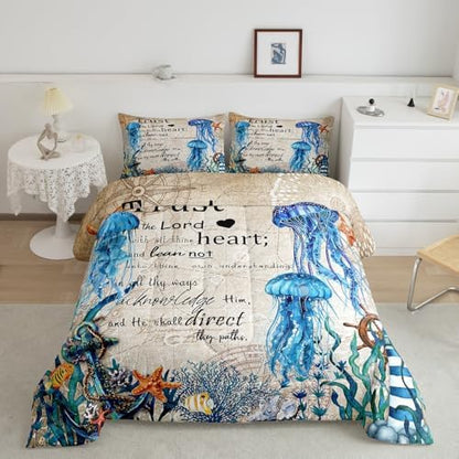 Homewish Jellyfish Comforter Set Full Size,Nautical Anchor Lighthouse Bedding Set 3Pcs for Kids Girls Boys Teens Room Decor,Ocean Animals Quilt Set Vintage Bible Quotes Duvet Insert,2 Pillowcases