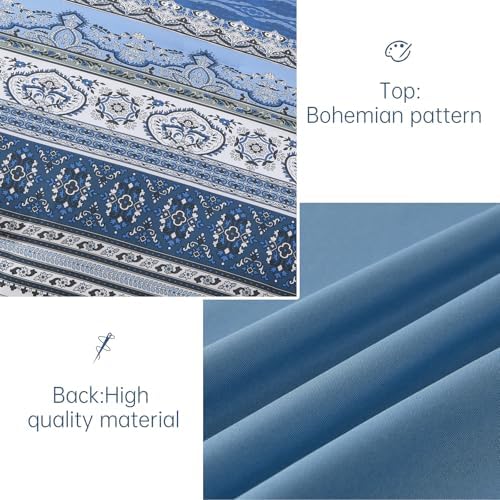 Cottolester Boho Queen Comforter Set,Blue and Grey Striped Bed in a Bag