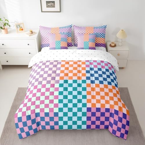jejeloiu Teal Purple Orange Bedding Set 7Pcs King Size Kids Plaid Checkered Comforter Set with Sheets for Boys Girls Classic Grid Buffalo Check Bed in a Bag Soft Lightweight,Microfiber