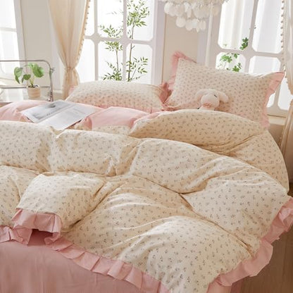 mixinni Pink Floral Duvet Cover Set Queen Size – 100% Cotton Ruffle Lace Bedding, Romantic Blushing Flower Print, Reversible Striped Pattern, Cottagecore Soft Aesthetic Princess Bedding for Girls