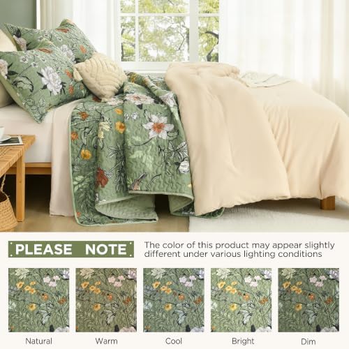 Litanika Floral Green Quilt California King - 3Pcs Botanical Birds Bed Set