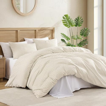 Andency Cream Gingham Duvet Cover Full, Beige Checkered Plaid Bedding Set