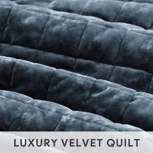 RECYCO Channel Box Stitch Velvet Quilt Set, Twin/Twin XL Size, Stormy Blue