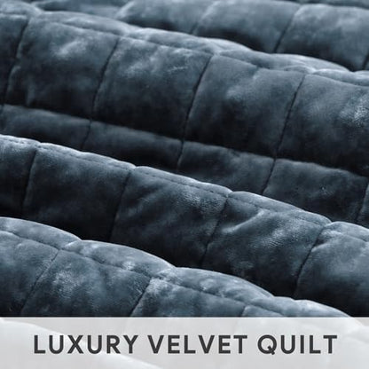 RECYCO Channel Box Stitch Velvet Quilt Set, Twin/Twin XL Size, Stormy Blue