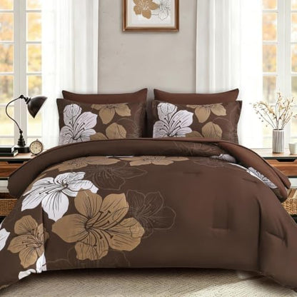 Luxudecor Brown King Size Comforter Set, 7 Pieces Floral Bed in a Bag