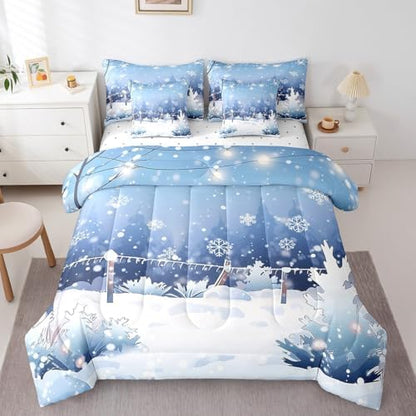 Erosebridal Cartoon Winter 7 Pcs Comforter Set King, Snowflakes Bedding for Children, Xmas Mystical Wonderland Starry Sky Night Bed in A Bag Sheet Set, Blue New Year Holiday Shiny Coniferous Quilt