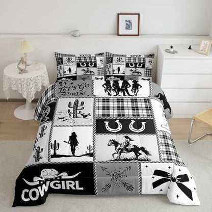 Western Cowgirl Girly Comforter Set King Size,Cactus Horseshoes Cow Skull Boot Rustic Bedding Set,Girls Women Room Decor,Bow Arrow Plaids Patchwork Down Comforter,Black Duvet Insert,2 Pillowcases