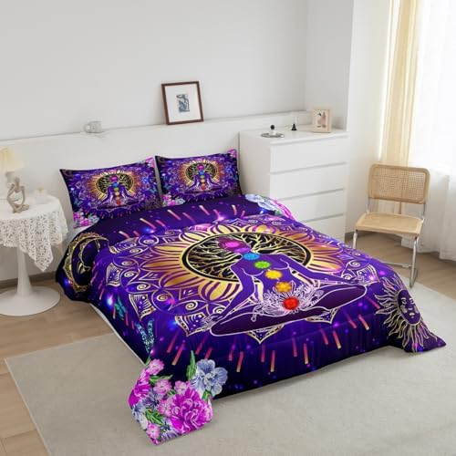 Manfei Yoga Chakras Comforter Set King Size, Boho Mandala Bedding Set 3pcs for Kids Boys Girls Bedroom Decor, Gold Sun and Moon Quilt Set with 2 Pillowcases, Colorful Flower Duvet Insert