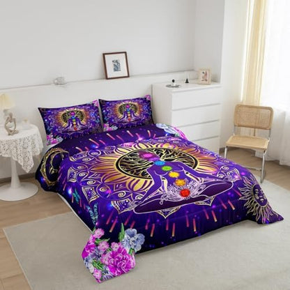 Manfei Yoga Chakras Comforter Set King Size, Boho Mandala Bedding Set 3pcs for Kids Boys Girls Bedroom Decor, Gold Sun and Moon Quilt Set with 2 Pillowcases, Colorful Flower Duvet Insert