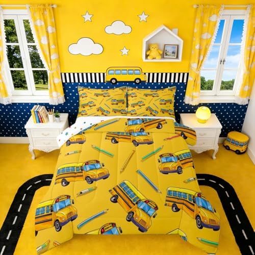 Erosebridal School Bus Bedding Set Full for Home, School Truck Comforter Set for Kids Boys Girls Teens Bedroom Decor, Cartoon Car Theme Comforter, Yellow Quilt with 2 Pillowcases, 3 Pcs
