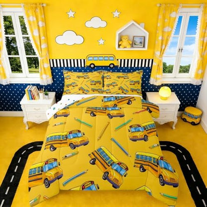 Erosebridal School Bus Bedding Set for Home, School Truck King Comforter Set for Kids Boys Girls Teens Bedroom Decor, Cartoon Car Theme Comforter, Yellow Quilt with 2 Pillowcases, 3 Pcs