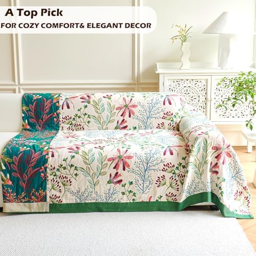 VANJOROY Boho Throw Blanket, 100% Organic Cotton Breathable Ultra Soft 91" x 98" Bed Quilt Throw - All Season Floral Rustic Farmhouse Decor Luxury Reversible Blanket for Sofa Couch Chair and Gift