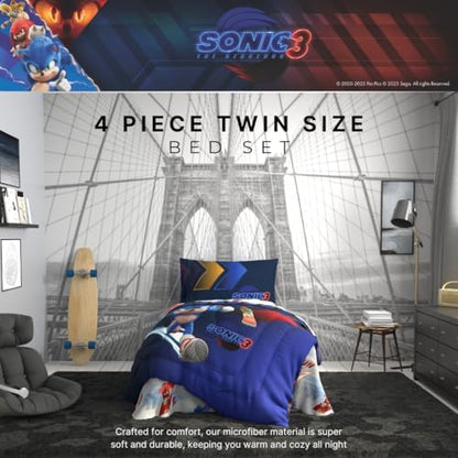 Sonic The Hedgehog 3 Movie Kids Bedding Super Soft Comforter and Sheet Set, 4 Piece Twin Size, (Officially Licensed Product) By Franco