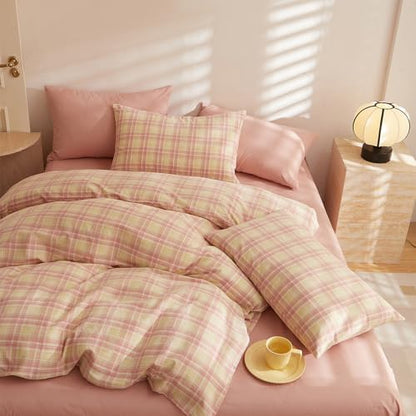 LifeTB Vintage Plaid Comforter Set King, 3 Piece Pink & Yellow Grid Gingham Bedding Comforter with 2 Pillowcases, Lightweight Soft Farmhouse Grid Bedding Aesthetic Plaid Checkered Comforter Set