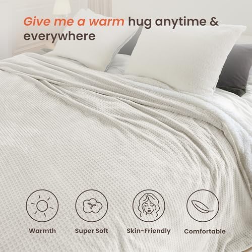 Heated Blanket Electric Blanket Queen Waffle, 84x90 Inches Dual Controllers Sherpa Fleece Fast Heating Blanket 6 Heating Levels & 10 Hours Auto Off ETL Certification,Beige Queen