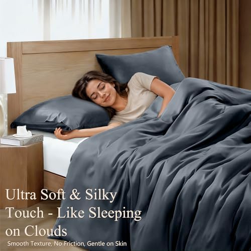 Queen Duvet Cover Set 3 Pieces, 100% Organic Viscose derived from Bamboo, Luxuriously Soft & Cooling, 1 Duvet Cover and 2 Pillowcases, 90" x 90"(Queen, Dark Grey)