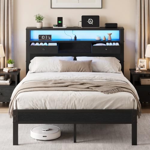 Full Size Bed Frame with 2 Fabric Drawers and Storage Headboard