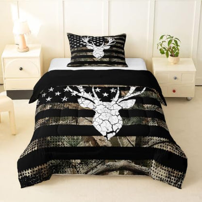 Feelyou Camo American Flag Deer Hunting Comforter Set Toddler Bedding Set