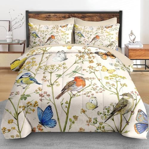 Pamnest Queen Comforter Set with Sheets, 7 Pieces Vintage Birds Bedding