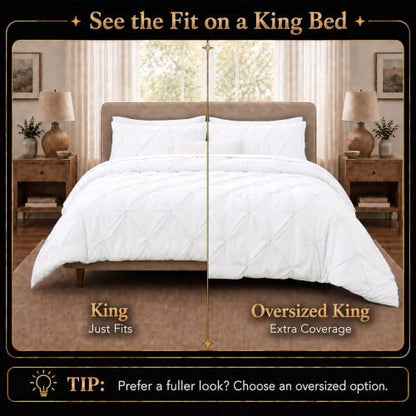 CozyLux King Size Comforter Set White, 7 Pieces Pintuck Bed in a Bag