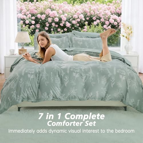 MUXHOMO Twin Comforter Set, Sage Green Elegant Floral Print Bed in a Bag 5 Pieces, Ultra Soft & Breathable Reversible Botanical Pattern Bedding Set with Comforter, Sheets, Pillowcases, and Shams