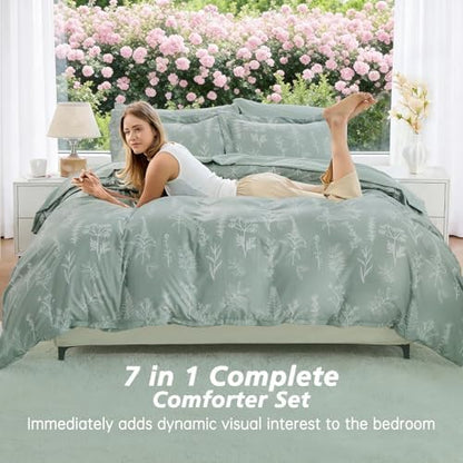 MUXHOMO Full Comforter Set, Sage Green Elegant Floral Print Bed in a Bag 7 Pieces, Ultra Soft & Breathable Reversible Botanical Pattern Bedding Set with Comforter, Sheets, Pillowcases, and Shams