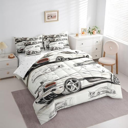 Feelyou Race Car Comforter Set with Sheets King Size Kids Speed Sports Car Manuscript 7 Pieces Bedding Set for Boys Girls Teens Racing Car Line Bed in a Bag Breathable Extreme Sports Bed Set