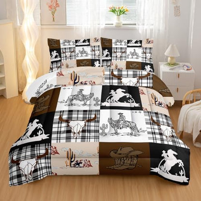 Nttopship Western Cowboy Kids Comforter Set Full Size,Western Animal Cow Skull Soft Comforter Set American Wild West Desert Hand Drawn Illustration Down Comforter Country Theme Bedroom Decor