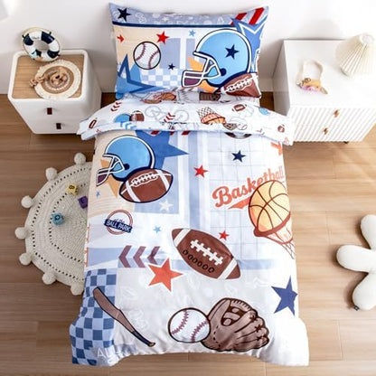 4-Piece Toddler Bedding Set for Boys - Soft & Skin Friendly Toddler Bed Set Includes Toddler Comforter, Flat Sheet, Fitted Sheet and Pillowcase (Sports)