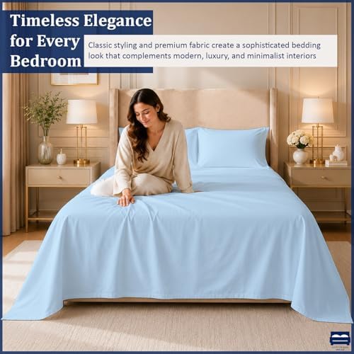 Cottingon 4 Piece King Sheets Fits 16" Deep, Egyptian Cotton, Light Blue