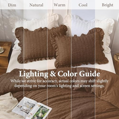 JOLLYVOGUE King Size Comforter Set, 3 Pieces Oak Brown Seersucker Comforters King Size, Lightweight & Fluffy Bedding Sets King for All Season with 1 Ruffle Comforter and 2 Ruffle Pillowshams