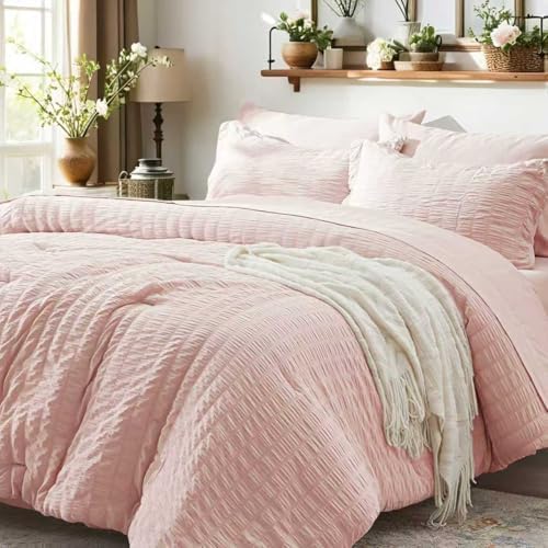 Queen Comforter Set 7 Piece, Pink Bed in a Bag Queen Size Bedding Sets