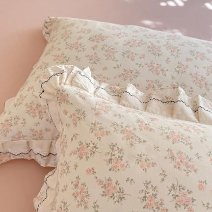 mixinni Country Floral Duvet Cover Set Twin XL Size – 100% Cotton Cottagecore Bedding with Double Layer Ruffle Lace & Black Lace Trim, Shabby Chic Reversible Farmhouse Style Comforter Cover 3-Piece