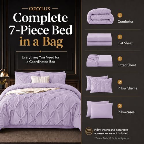 CozyLux King Size Comforter Set Lavender, 7 Pieces Pintuck Bed in a Bag