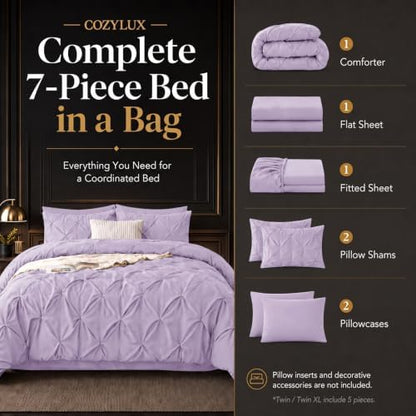 CozyLux King Size Comforter Set Lavender, 7 Pieces Pintuck Bed in a Bag