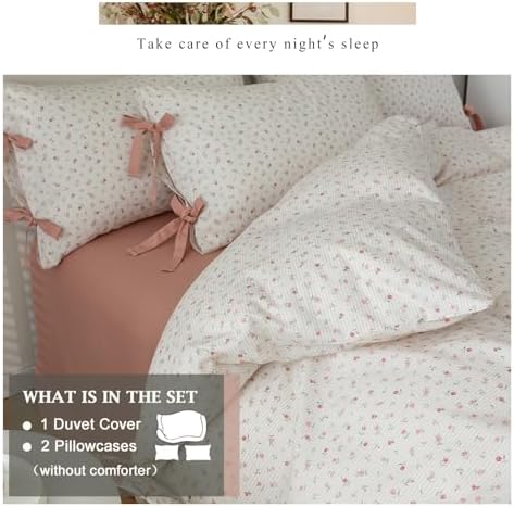 VM VOUGEMARKET Full Duvet Cover Set,3 Pieces Pink Flower Stripes Prints Duvet Cover with 2 Bowknot Pillowcases Vintage Floral Bedding Set Full Size 80"x90",Off-White/Cream