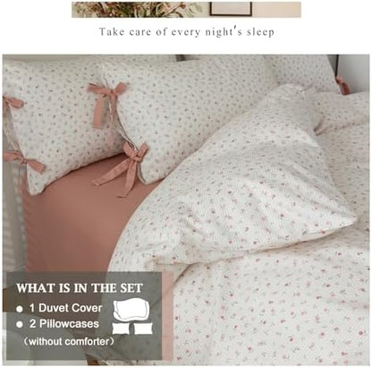 VM VOUGEMARKET Full Duvet Cover Set,3 Pieces Pink Flower Stripes Prints Duvet Cover with 2 Bowknot Pillowcases Vintage Floral Bedding Set Full Size 80"x90",Off-White/Cream