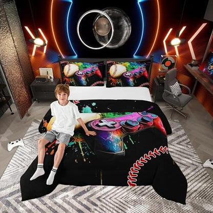 Castle Fairy Kids Baseball Gaming Bed Comforter Set Queen Size,Baseball Gamepad Super Soft Microfiber Bedding Set for Girls Boys,Ball Sports Game Tie Dyed Decorative Quilter Set