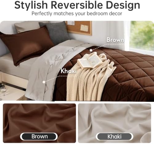 MUXHOMO 5 Pieces Twin XL Comforter Set, Reversible Bed in a Bag Twin XL Size, All Season Bedding Set with Comforter, Flat Sheet, Fitted Sheet, Pillowcases & Shams, Brown & Khaki
