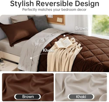 MUXHOMO 5 Pieces Twin XL Comforter Set, Reversible Bed in a Bag Twin XL Size, All Season Bedding Set with Comforter, Flat Sheet, Fitted Sheet, Pillowcases & Shams, Brown & Khaki