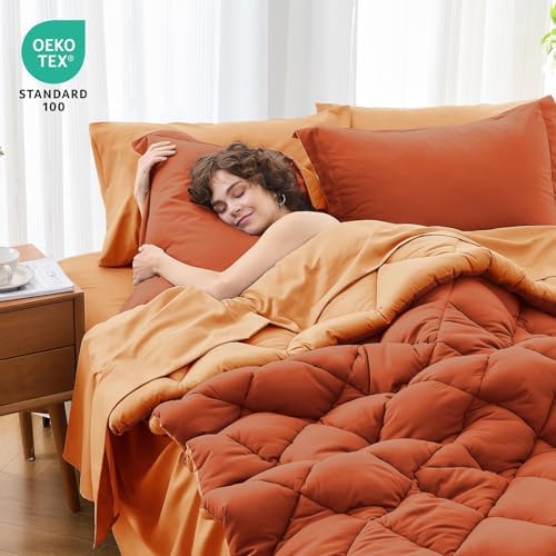 MUXHOMO 7 Pieces Full Comforter Set, Reversible Bed in a Bag Full Size, All Season Bedding Set with Comforter, Flat Sheet, Fitted Sheet, Pillowcases & Shams, Burnt Orange & Camel