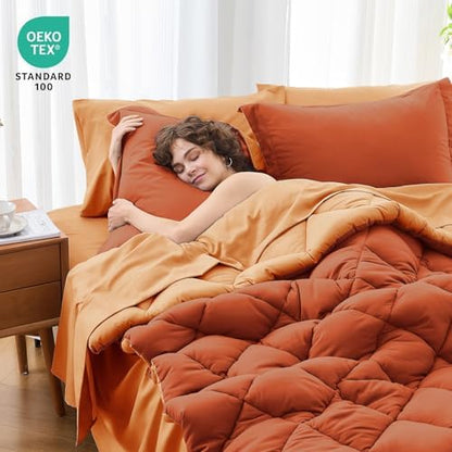 MUXHOMO 7 Pieces Full Comforter Set, Reversible Bed in a Bag Full Size, All Season Bedding Set with Comforter, Flat Sheet, Fitted Sheet, Pillowcases & Shams, Burnt Orange & Camel