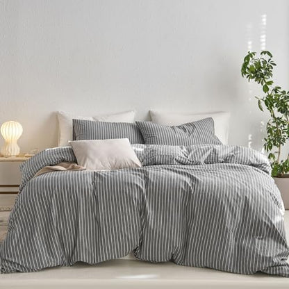 MooMee Striped Duvet Cover Set 100% Washed Cotton Linen Like Full