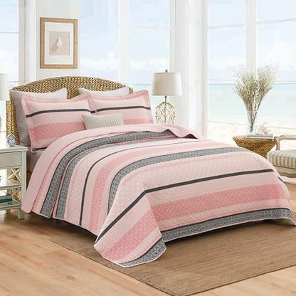 Homzard Quilts Queen Size, Cotton Comforter Set, Light Pink and Grey Queen Bed Set, Lightweight Striped Bedding, Farmhouse Bedspread All Season 3 Pieces