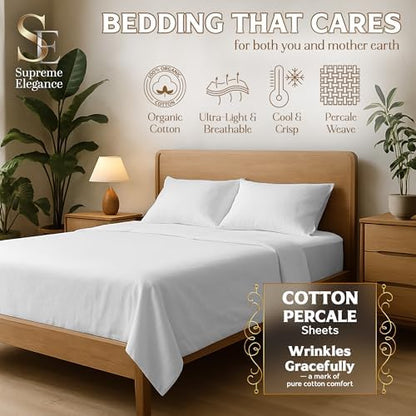 SUPREME ELEGANCE 100% Organic Cotton Full Size Bed Sheets, Snow White