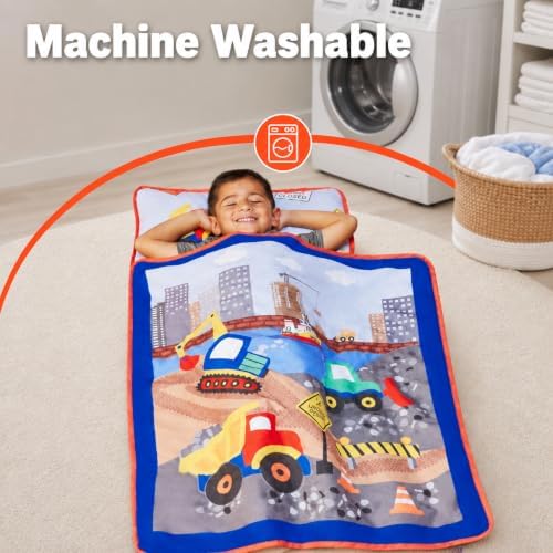EVERYDAY KIDS Toddler Nap Mat with Removable Pillow -Under Construction- Carry Handle with Fastening Straps Closure, Rollup Design, Soft Microfiber for Preschool, Daycare, Sleeping Bag -Ages 2-6 years