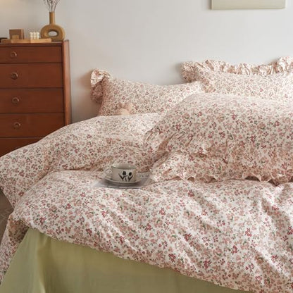 Girls Floral Comforter Set Twin XL Pink Red Flower Comforter Boho Vintage Floral Bedding Comforter with 2 Ruffle Pillow Shams Botanical Bedding Cottagecore Comforter Set Twin XL Bed for Teens Girls